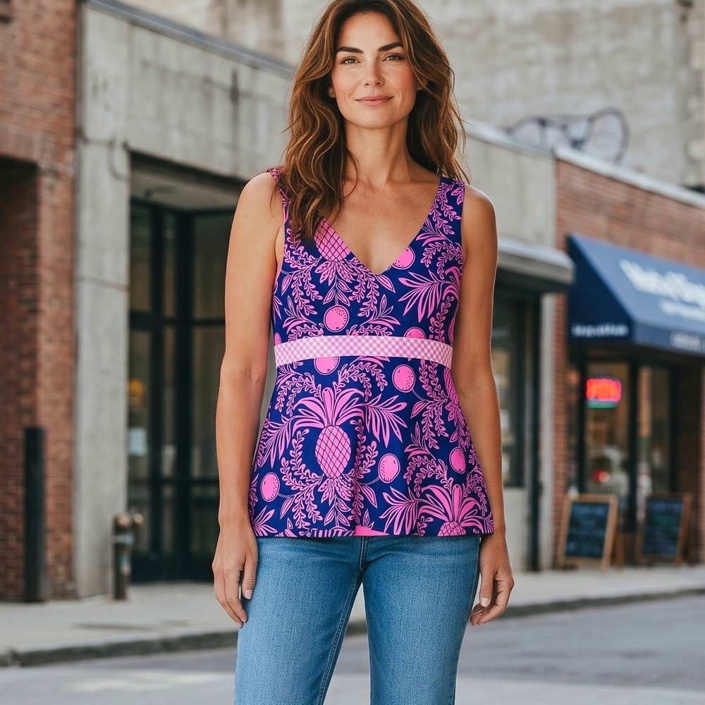 Lilly Pulitzer Womens Pink Pineapple Print Gingham Waist Tank Top Navy Size 12